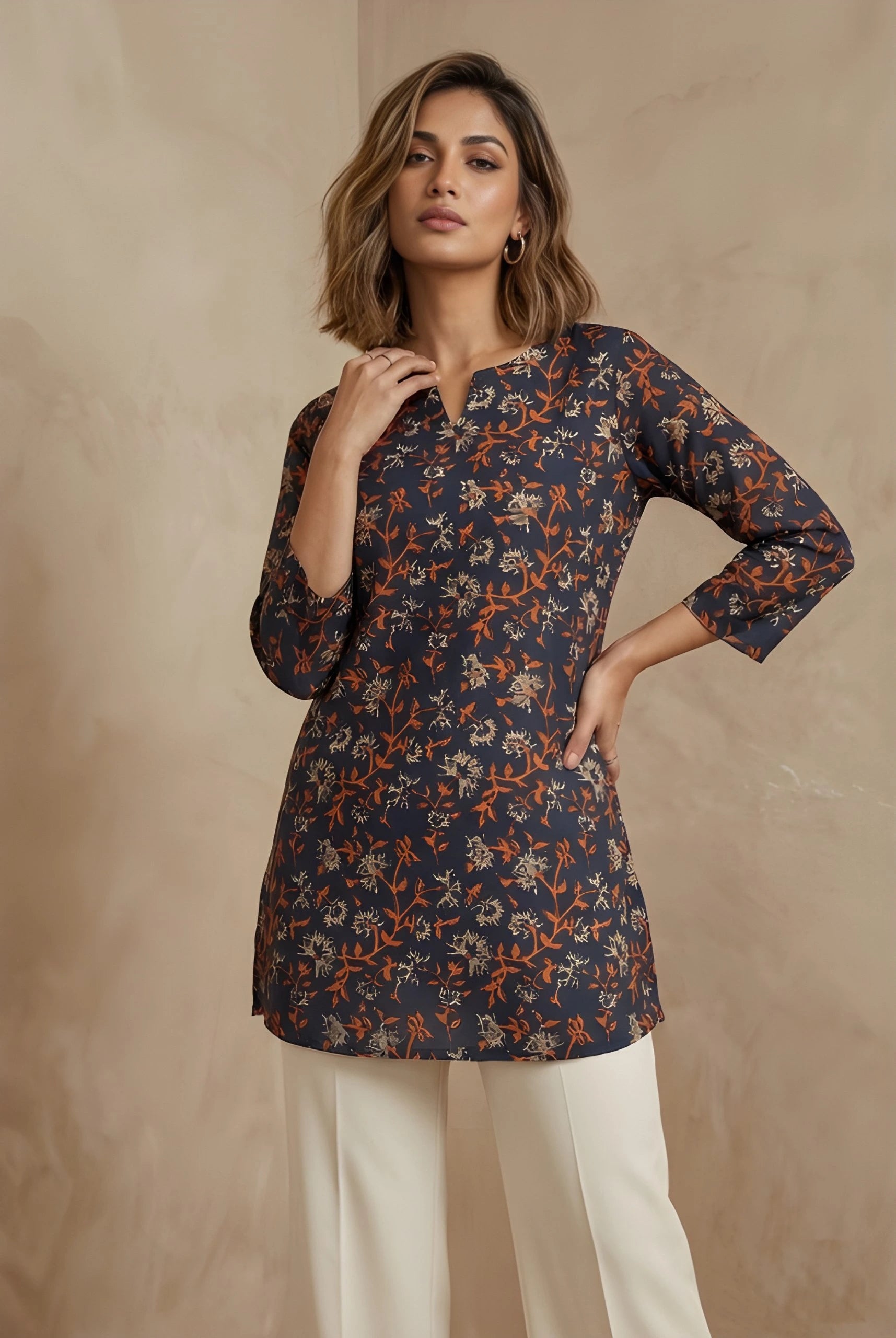 Woman wearing a patterned navy blue top with white pants against a beige background